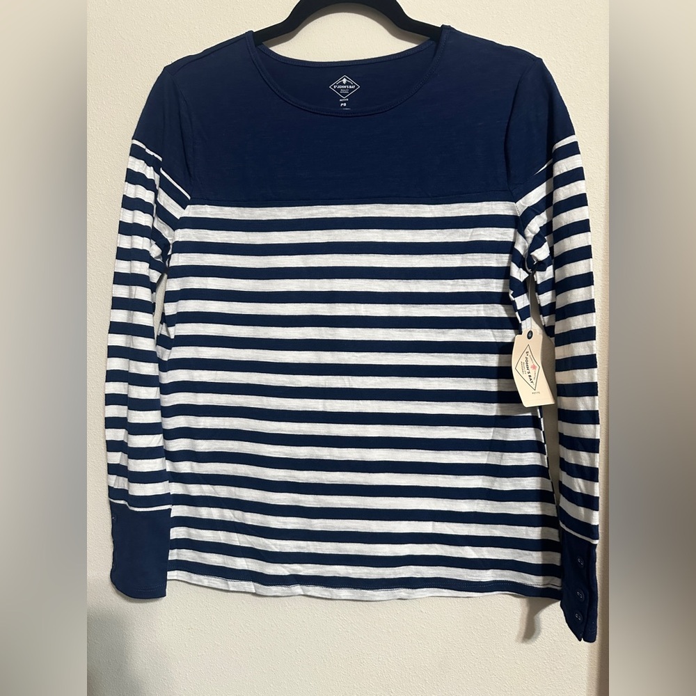 NEW - St John’s Bay Women’s Navy/White Striped Boat Neck Cotton Shirt